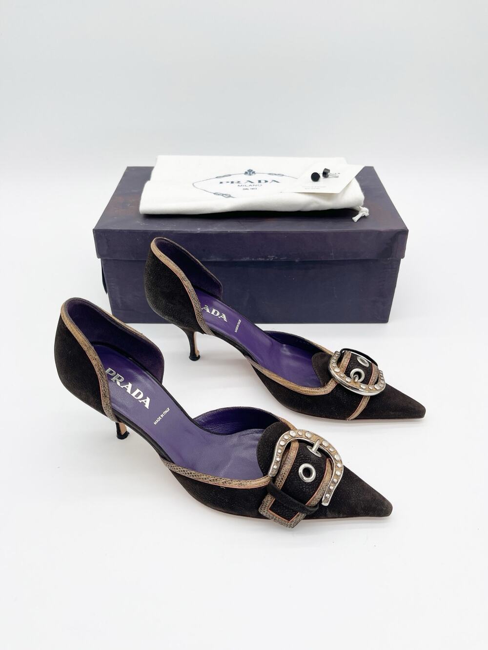 Prada Vintage Chocolate Brown Nubuck Camel Trim Buckle D'Orsay Heels IT 36.5